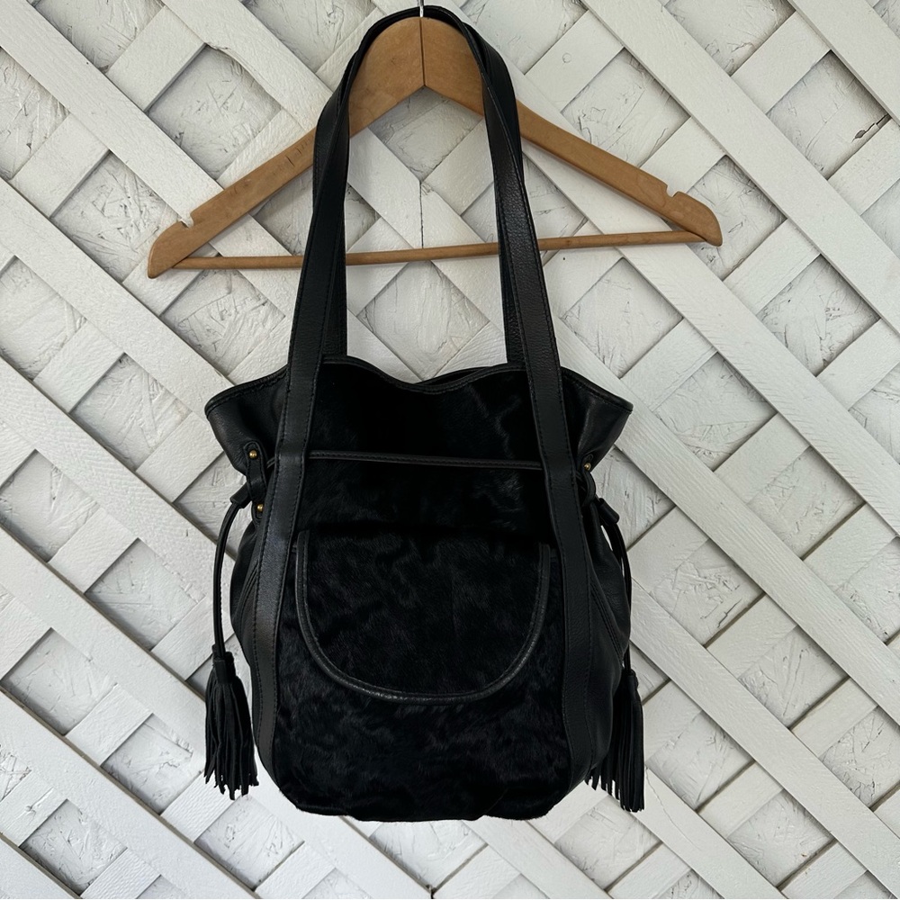 Hobo Leather Cow Hair Panel Drawstring Tote Shoulder Hand Bag